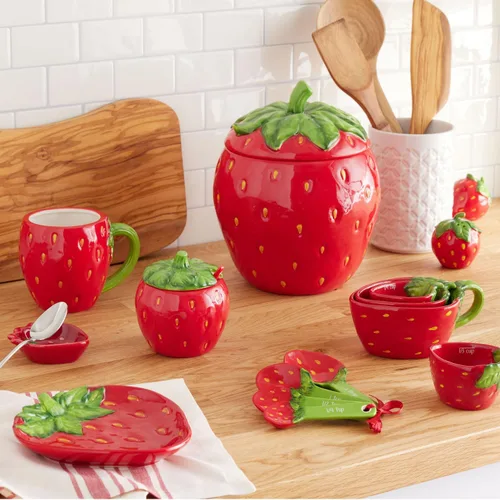 Miniatura 2 de Juego de saleros y pimenteros de fresa, pequeño y lindo juego de salero y pimentero de cerámica con diseño rojo y verde, decoración de cocina