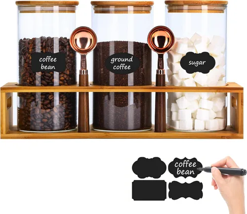 Miniatura 12 de ZOMUIA Contenedores de Café de Vidrio Herméticos Frascos de Almacenamiento de Granos de Café con Estante, 2 Piezas 44oz Organizador de Estación