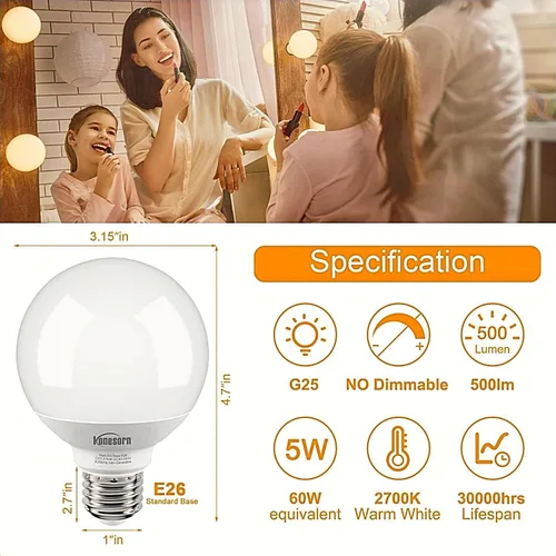 Miniatura 2 de Honesorn Bombilla de tocador equivalente a 60 W, base E26 blanca cálida de 2700 K, luz redonda para baño, bombillas LED G25 para espejo de tocador