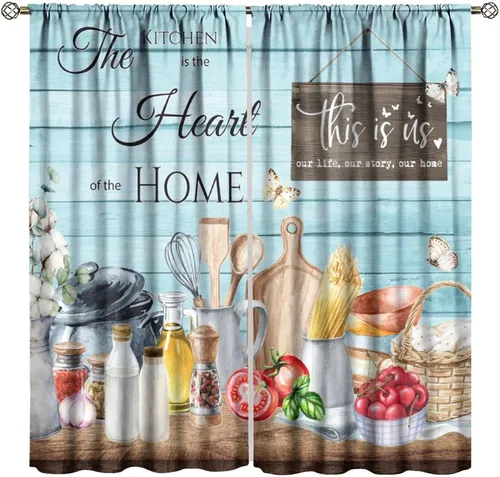 Cortinas de cocina rústicas, color verde azulado rústico, de madera, flores de frutas, citas divertidas, para dormitorio, sala de estar, 42 pulgadas