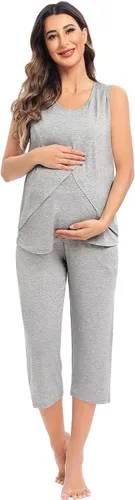 Miniatura 4 de SWOMOG Conjunto de pijama de maternidad para mujer, pijama de lactancia de doble capa, sin mangas, parte superior capri, conjunto de embarazo