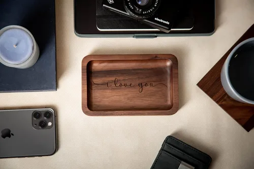 Miniatura 4 de MUUJEE Plato para anillos con texto en inglés "I love you" (I love you) - Bandeja rectangular de madera grabada para joyas de 5 años, ideas