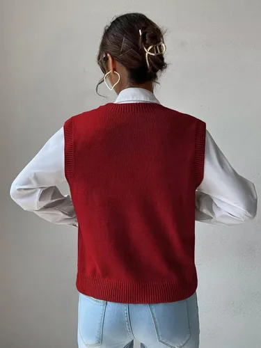 Miniatura 2 de Chaleco casual de punto trenzado con cuello en V para mujer, color liso, sin mangas, chaleco para mujer