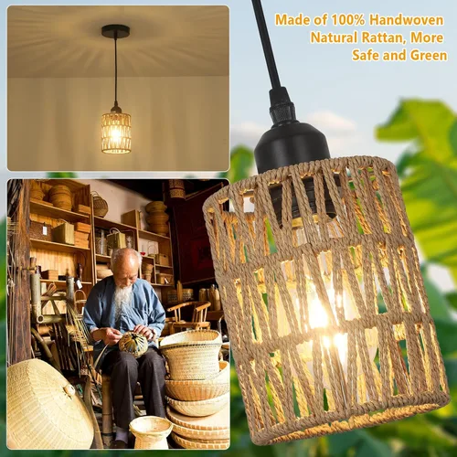 Miniatura 4 de LAMSU Lámparas colgantes de ratán de 1 luz, iluminación colgante bohemia de granja con pantalla tejida a mano de 4.7×5.9 pulgadas, pequeña lámpara