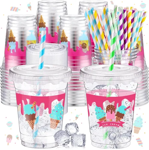 Miniatura 12 de FoldTier 50 piezas de tazas para noche de cine 12 oz Tazas de plástico desechables con pajitas y tapas, tazas transparentes para cine, tazas