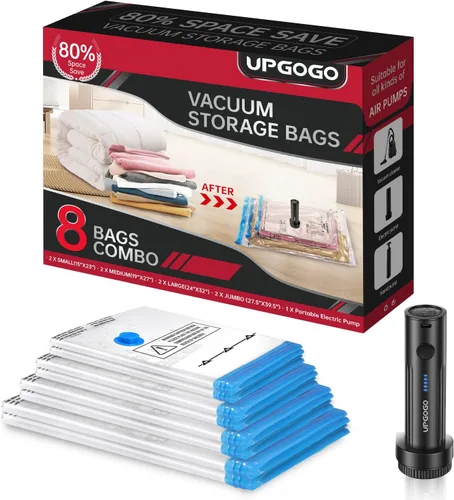 Miniatura 9 de Bolsas de almacenamiento al vacío UPGOGO con bomba eléctrica portátil, bolsas de sellado al vacío para ropa, bolsas de ahorro de espacio, bolsas