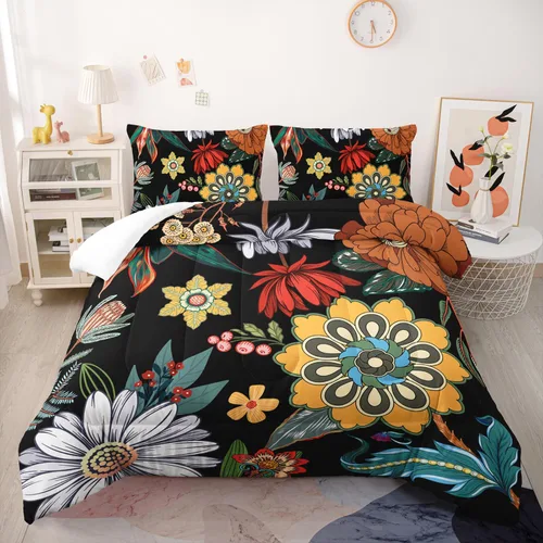 Juego de edredón floral colorido de 3 piezas, juego de ropa de cama botánica bohemia tamaño queen, diseño boho de granja con flores y hojas impresas