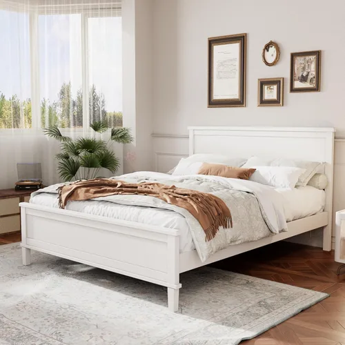 Miniatura 9 de Cama de plataforma de madera maciza de estilo moderno con cabecero, estribo, marco de cama de madera y patas de soporte central de madera maciza,