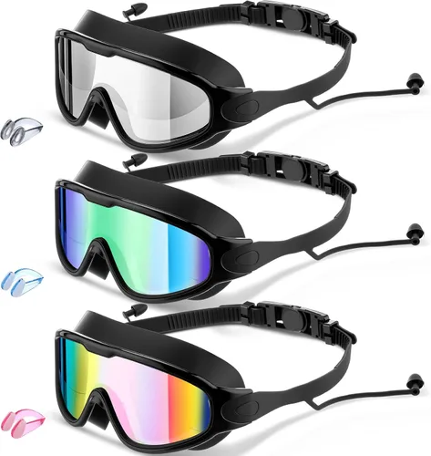 Miniatura 9 de Konohan Paquete de 3 gafas de natación para adultos, gafas anchas sin fugas, antiniebla, con clips para la nariz, tapones para los oídos
