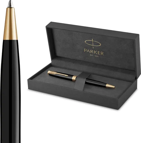 PARKER Sonnet (1931512) pluma de acero inoxidable con ribete de paladio, tinta negra, punta media., Negro Lacquer and Gold Estándar