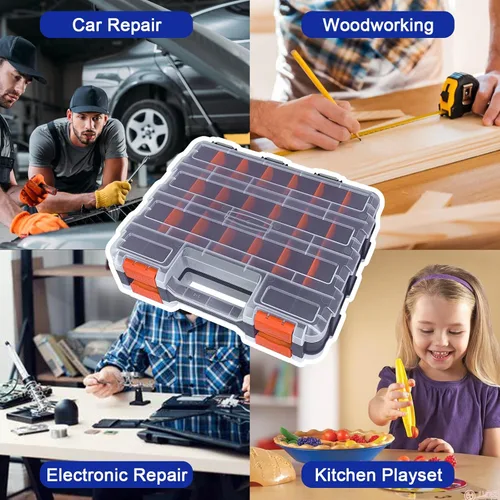 Miniatura 7 de Caja organizadora de herramientas, caja de almacenamiento de piezas pequeñas, 50 compartimentos, organizadores de hardware de doble cara con Naranja