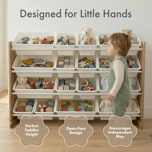 Miniatura 2 de Humble Crew Organizador de juguetes extra grande con 20 contenedores de plástico – Estantería de almacenamiento color natural/blanco con 4 estantes
