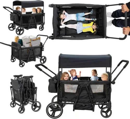 Voupou - Vagón con cochecito para 2, 3, 4 niños, 4 plazas, todo terreno, tándem, vagón para bebés, plegable, ligero, con arnés de 5 puntos, toldo,