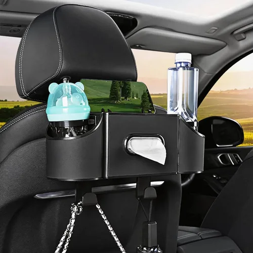 Organizador de asiento trasero de automóvil, 4 en 1, caja de almacenamiento multifuncional para asiento trasero de automóvil con soporte para vasos