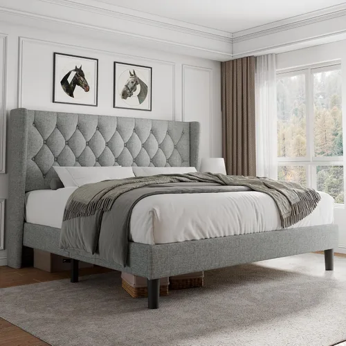 Miniatura 18 de iPormis - Base de cama tapizada de tamaño completo con cabecera capitonada con botones, base de cama tapizada con listones de madera sólidos, 20 cm
