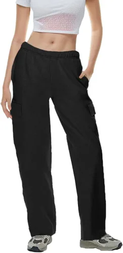 Pantalones deportivos tipo cargo de forro polar para mujer, estilo casual, holgados, pierna ancha, pantalones deportivos con parte inferior abierta