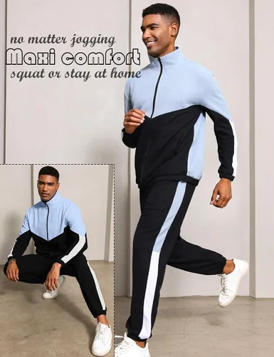 Miniatura 4 de Babioboa Chaqueta y pantalones de punto gofre para hombre, manga larga, con cremallera, contraste, entrenamiento, Varsity para correr, entrenamiento