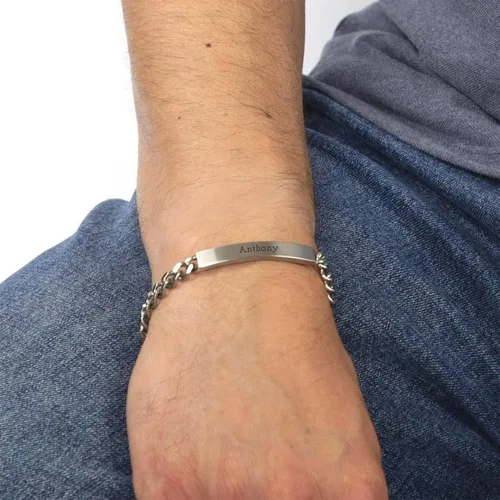 Miniatura 8 de LeCalla Pulsera personalizada con nombre de identificación personalizada grabada Pulsera de identificación de barra de eslabones para hombre