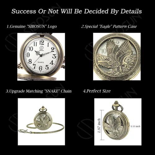 Miniatura 3 de SIBOSUN Eagle Design - Reloj de bolsillo con cadena, reloj de bolsillo antiguo, movimiento de cuarzo, reloj Qocket para hombre, esfera de números