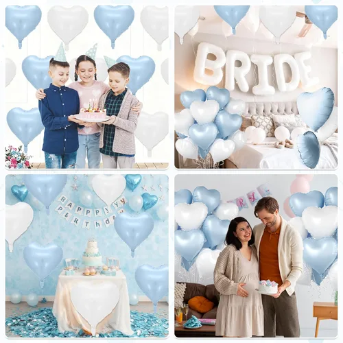 Miniatura 6 de Globos de corazón azul bebé, 10 piezas de globos en forma de corazón azul claro y blanco pastel, globos de papel de aluminio blanco arena crema