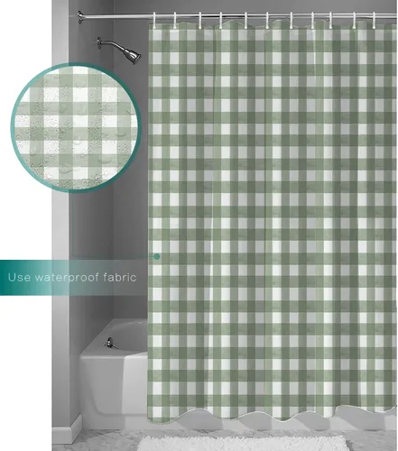 Miniatura 4 de Juego de cortinas de ducha a cuadros verde salvia, tamaño pequeño, 36 x 72 pulgadas, cortina lavable para bañera con 12 ganchos, cortinas de ducha
