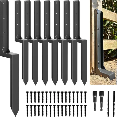 Miniatura 10 de Kit de reparación de postes de valla – Anclaje de acero grueso calibre 11 y estacas para fijar soporte de poste de madera roto/inclinado 4x4/6x6