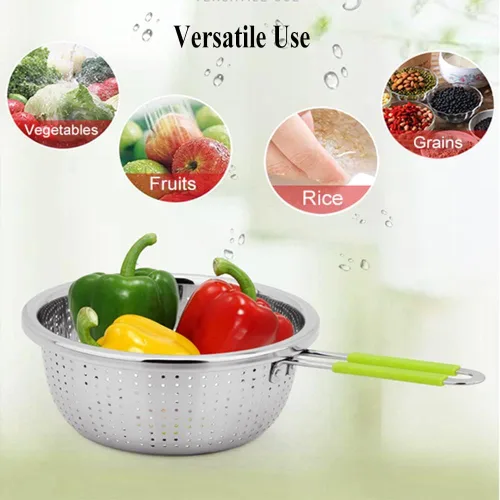 Miniatura 4 de Colador Profundo de Acero Inoxidable Microperforado de 2.5 Quart, Colador de Alimentos de Metal con Asas de Silicona Verde para Drenar Pasta