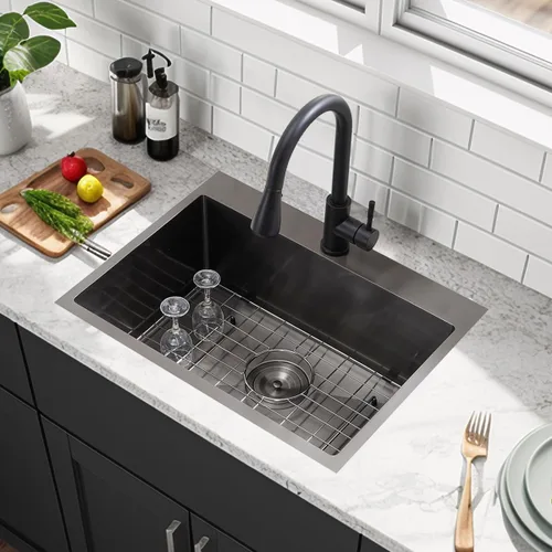 Miniatura 3 de 22x18 Pulgadas Fregadero de Cocina Gunmetal Negro de Montaje Superior, Fregadero de Barra de Cocina RV de 16 Calibre, Fregadero de Barra Húmeda