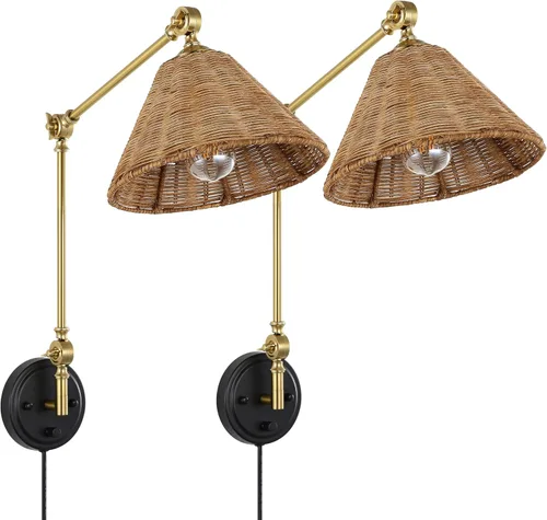 WINGBO - Lámpara de pared con envoltura de ratán, aplique ajustable con brazo oscilante plegable, lámpara de color dorado, accesorio de luz vintage