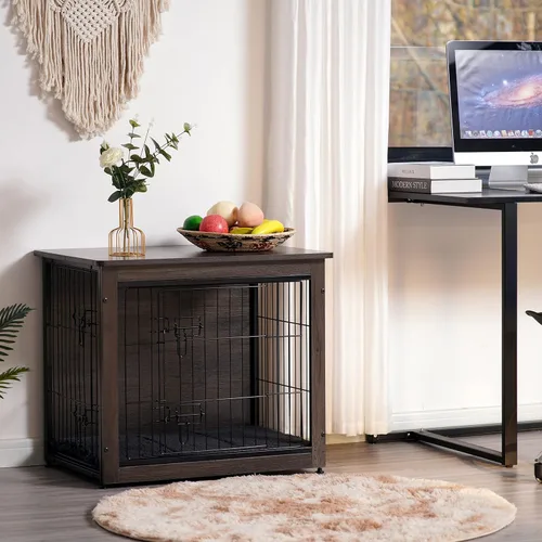 Miniatura 2 de DWANTON Mueble de jaula para perros con cojín, mesa de madera para perros con puertas dobles, casa de perro de interior, tamaño pequeño, mediano