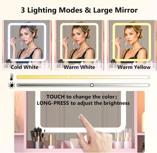 Miniatura 4 de Escritorio de maquillaje con espejo y luces, tocador negro de 43 pulgadas con parte superior de cristal, almacenamiento de joyas, 3 cajones
