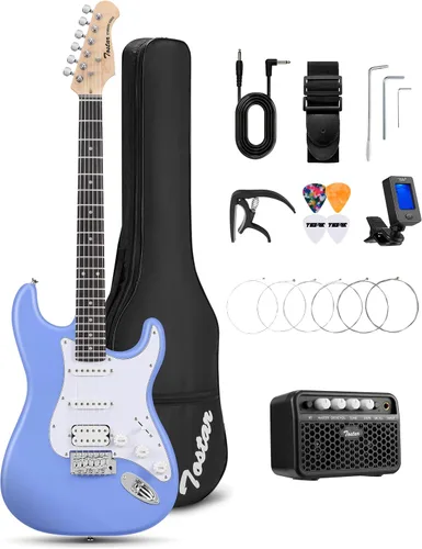 Miniatura 17 de Tostar Kit de guitarra eléctrica con amplificador, 39 pulgadas, tamaño completo, 6 cuerdas, ligero, diseño de cuerpo redondeado, interruptor