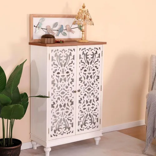 Miniatura 10 de MAISON ARTS Gabinete de Acento Pequeño con Una Puerta, Gabinete de Almacenamiento Calado Mesa Lateral Envejecida con Patas de Madera Sólida para Azul