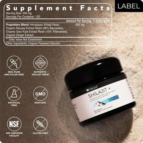Miniatura 6 de Blisque - Suplemento de resina Shilajit orgánica pura del Himalaya para apoyo cognitivo con bacopa orgánica y gotu kola Auténtico y natural