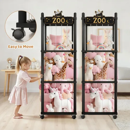 Miniatura 5 de Torre del zoológico de almacenamiento de animales de peluche, organizador grande de madera de 56 pulgadas con ruedas, almacenamiento de peluches