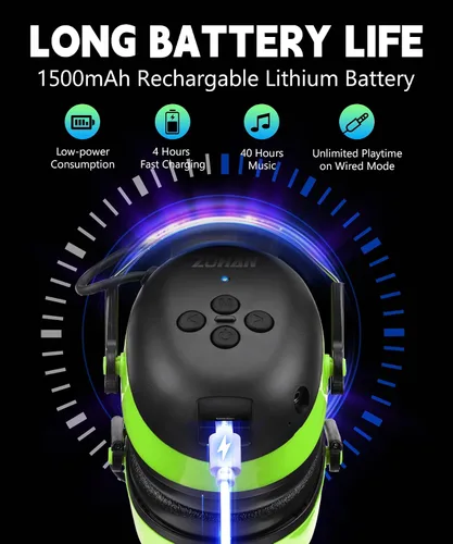 Miniatura 3 de ZOHAN 037 Auriculares de protección auditiva Bluetooth con batería recargable de 1500 mAh, NRR 25dB reducción de ruido orejeras con 40 horas