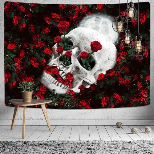 Miniatura 3 de FEASRT Tapiz de calavera, rosa roja para amantes del cráneo del jardín, dormitorio, apartamento, arte para el hogar, decoración para colgar