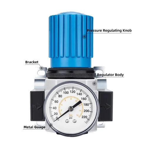 Miniatura 2 de NANPU Regulador de aire de alta presión NPT de 1/2" con manómetro protegido de acero, 141-SCFM 230Psi (LR-04)