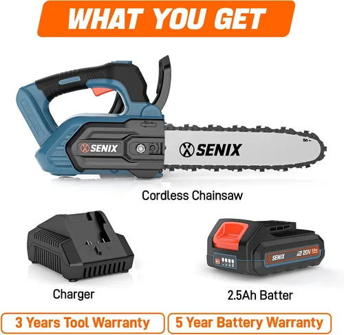 Miniatura 8 de SENIX Motosierra inalámbrica, motosierra de batería de 20 V y 10 pulgadas, motosierra sin escobillas, incluye batería de 2.5 Ah y cargador
