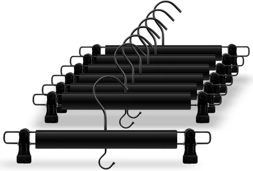 Perchas de madera negra para pantalones y faldas, paquete de 10, gancho recubierto de reducción de ruido de alta calidad, clips duraderos de agarre