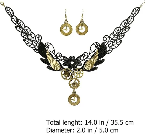 Miniatura 2 de Generic Gargantilla de encaje gótico, aretes vintage, collar steampunk, gargantilla de engranaje, accesorios de disfraz para mujeres y niñas, 3