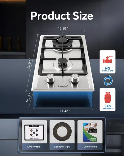 Miniatura 2 de Ranein Cocina de gas de 12 pulgadas y 2 quemadores, estufa de gas convertible de G/LPG, acero inoxidable 304 con protección contra incendios por