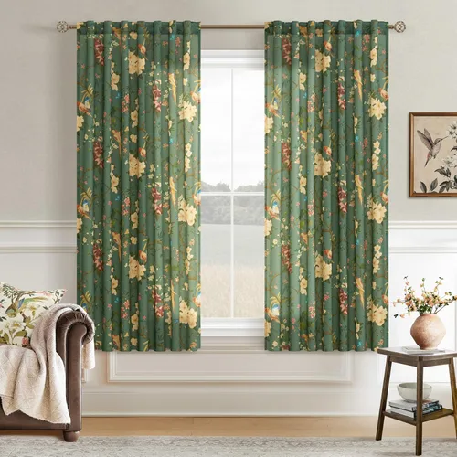 Miniatura 44 de Cortinas de lino florales azules y amarillas, estilo vintage, bohemio, de 63 pulgadas, 2 paneles con pestaña trasera para sala de estar