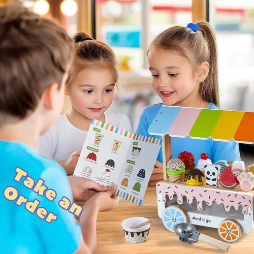 Miniatura 6 de Carrito de Helados de Madera Juguete Playset con Juguetes de Helado Juego de Comida de Simulación Camión de Comida Accesorios de Cocina de Juego