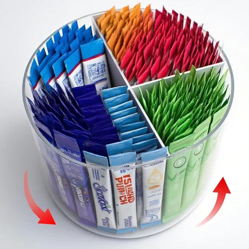 Organizador de paquetes de bebidas giratorias de 360°, plástico transparente sin BPA de 4 secciones para mezclas de café, azúcar y bebidas,