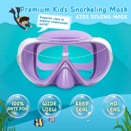 Miniatura 5 de Máscara de natación para niños, máscara de buceo de esnórquel de 180°, gafas de natación antivaho para niños con cubierta para la nariz, gafas