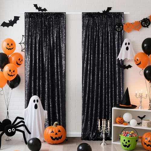 Miniatura 8 de Poise3EHome Cortinas de fondo de lentejuelas negras, 2 paneles de 2 x 8 pies con purpurina para cabina de fotos para Halloween, cumpleaños, Negro
