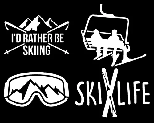Paquete de 4 calcomanías de esquí: Ski Life, I'd Rather Be Skiing, gafas, telesilla (blanco, grande ~ 5 pulgadas)