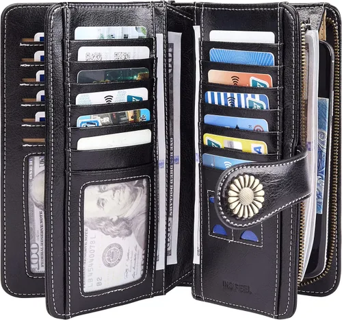 Miniatura 2 de INSIFEEL Carteras para mujer de gran capacidad con protección RFID monedero de cuero genuino Negro Retro