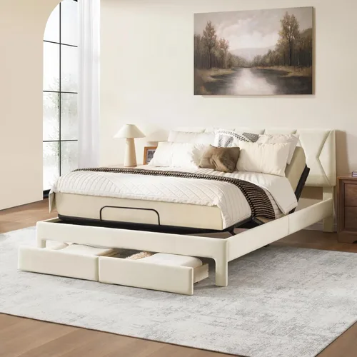 Miniatura 11 de Estructura de cama Queen todo en uno ajustable de Softa con cabecera tapizada y 2 cajones de almacenamiento, cama eléctrica con control remoto